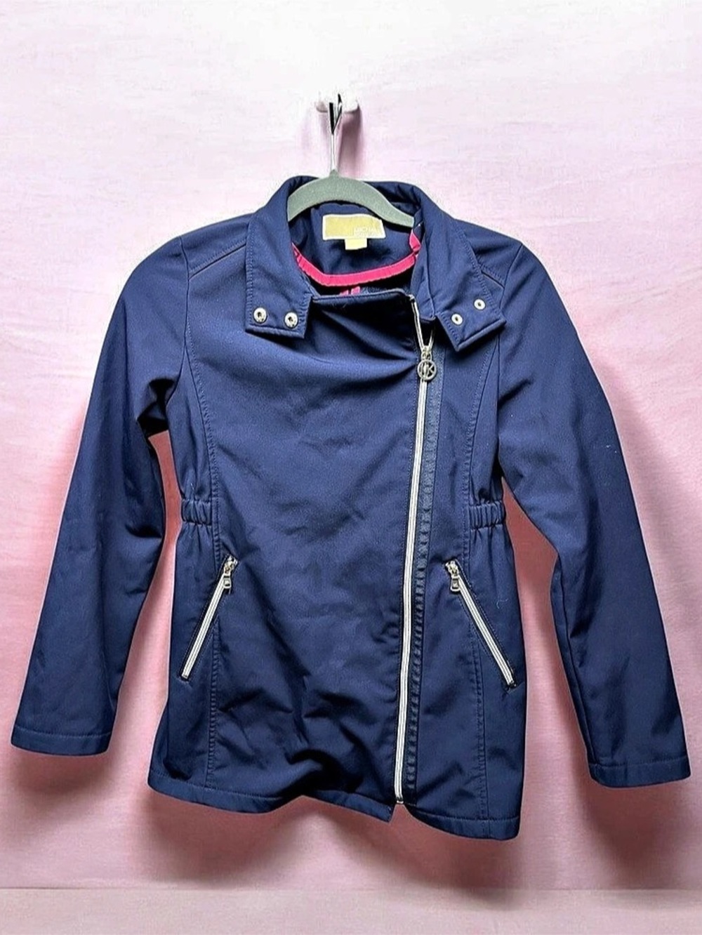 Michael Kors Girls Asymmetrical Softshell Hooded Jacket Blue & Pink Small